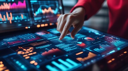 Data Insights at Fingertips: A close-up of a hand interacting with a futuristic touchscreen, displaying complex data visualizations in a vibrant, tech-forward setting.
