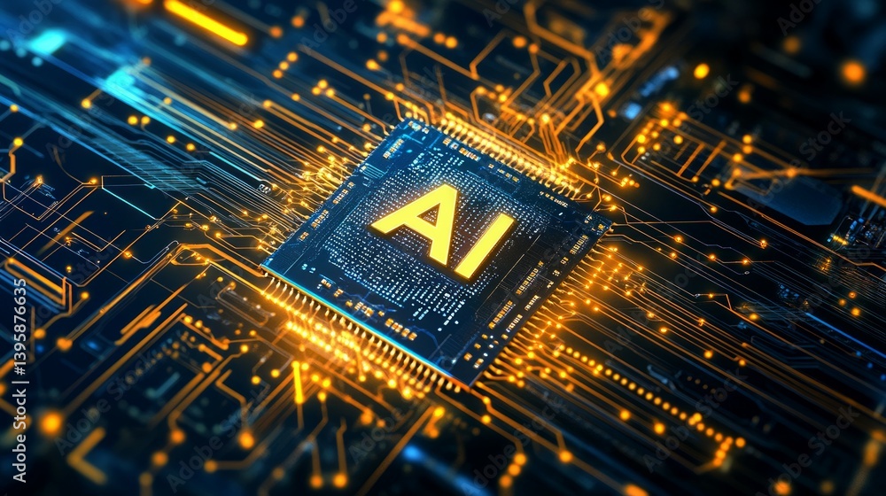 Poster a close-up of an ai chip with the letters ai surrounded by circuit board