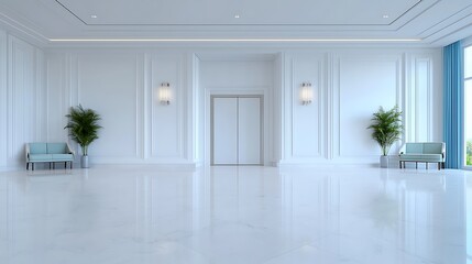 Fototapeta premium Elegant Reception Area with White Walls, Marble Floor, Modern Lighting and Seating, a Minimalist Design Interior Space.