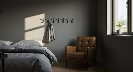 Warm Gray Bedroom With Leather Chair And Minimalist Wall Hooks