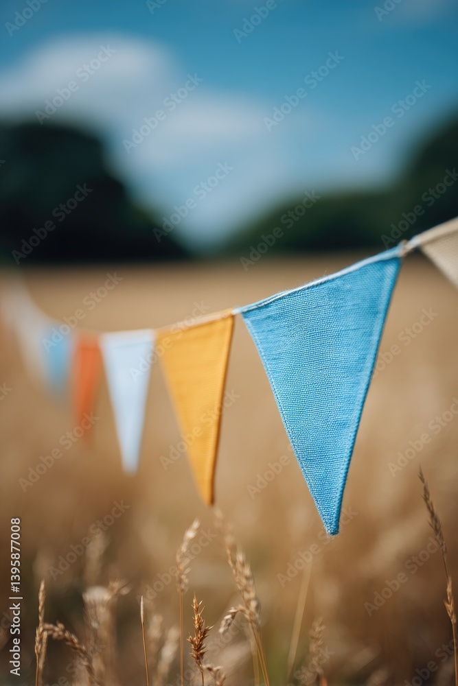 Aufkleber sunlit field with single string of festival flags fluttering gently in breeze minimalistic ambiance