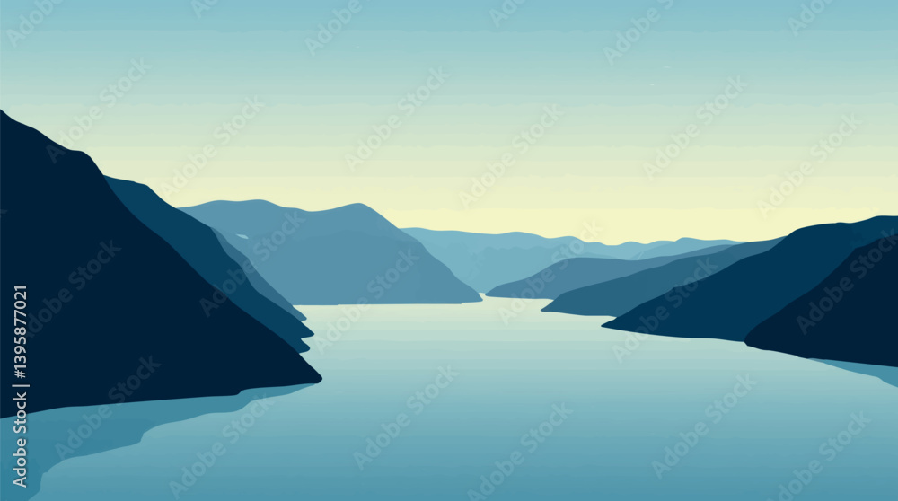 Poster outline nordic fjord with cliffs and water simple vector landscape.