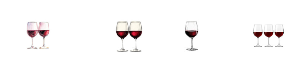 Wine glasses with red liquid, watercolor drawing illustration, cut out transparent