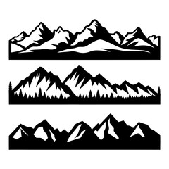 Three Black and White Mountain Range Illustrations Snowy Peaks Forest Scenery Nature Landscape Graphic Design Elements