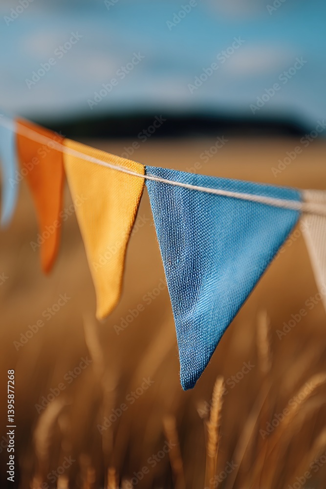 Poster sunlit field with single string of festival flags fluttering gently in breeze minimalistic ambiance