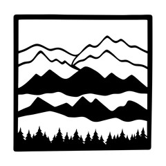 Majestic Mountain Range Landscape with Silhouetted Pine Trees