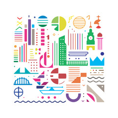 Vector set of icons for city and business illustrations with seamless pattern, including birthday, party, cake, and school-themed elements, perfect for web and graphic designs