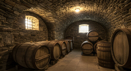 Atmospheric Old Stone Wine Cellar With Wooden Barrels And Window