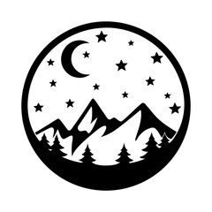 Majestic Mountain Night Scene with Crescent Moon and Stars in Circular Design