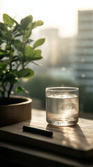 Glass of water and plant on desk with sunrise in background