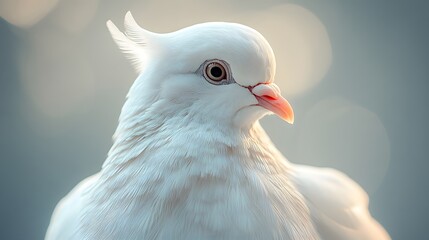 Obraz premium Peaceful Dove Portrait: A serene white dove, symbolizing peace and purity, is captured in a close-up portrait, its features and gentle demeanor highlighted against a soft background.
