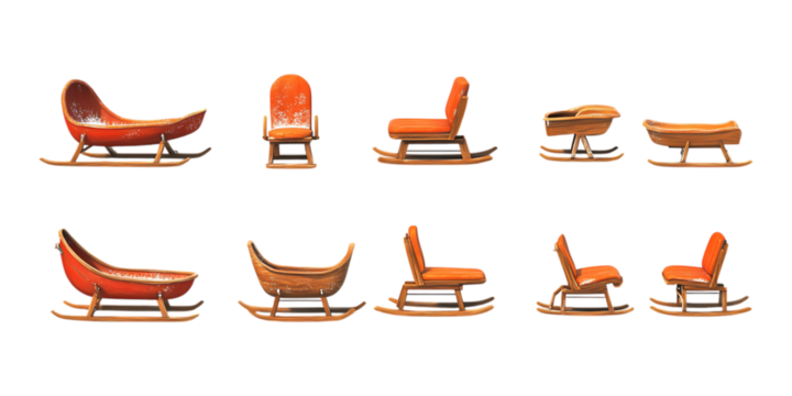 Pack Sled Set in Different Poses Against Transparent Background for Winter Sports, Holiday Themes, or Snow Equipment Design
