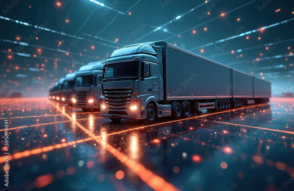 Aufkleber AI-powered cargo transport trucks move within smart tech logistics network, optimized for import export industry. Automated vehicles in fleet management system showcase future of freight industry.