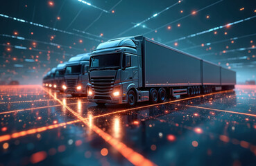 AI-powered cargo transport trucks move within smart tech logistics network, optimized for import export industry. Automated vehicles in fleet management system showcase future of freight industry.