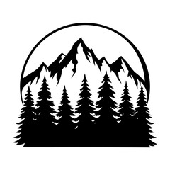 Fototapeta premium Majestic Mountain Peak Silhouette with Evergreen Forest in a Circular Frame