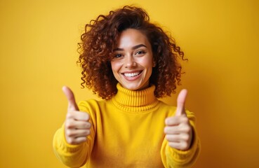 Happy young woman shows thumbs up with smile isolated on yellow background. Joyful lady with curly hair wearing yellow sweater demonstrates approval. Concept of success positive feedback.