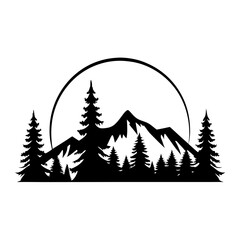 Obraz premium Majestic Mountain Landscape with Silhouetted Trees and a Full Moon
