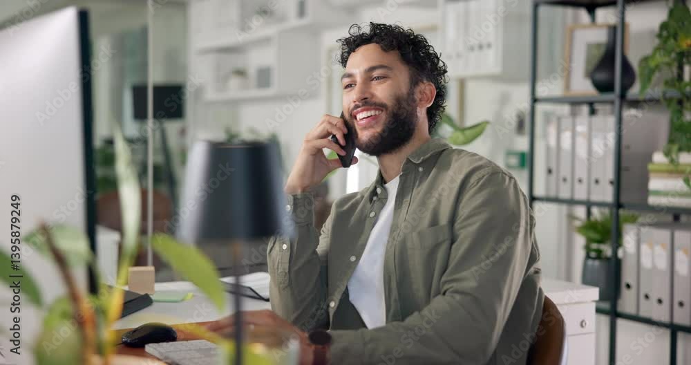 Aufkleber Man, phone call and computer in office with discussion for project management at web design company. Person, smartphone and smile with agreement, review and feedback negotiation at creative agency