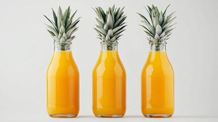 Front view mockup of an orange juice glass bottle, isolated on a white background. Also includes a pineapple juice bottle