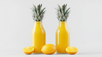 Front view mockup of an orange juice glass bottle, isolated on a white background. Also includes a pineapple juice bottle