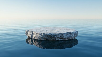  a round, flat rock floating on water, creating an illusion that it is in the air.