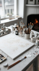 Art supplies and blank canvas in cozy painting studio