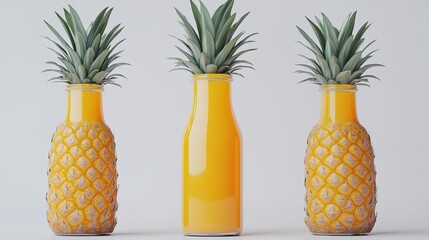 Front view mockup of an orange juice glass bottle, isolated on a white background. Also includes a pineapple juice bottle