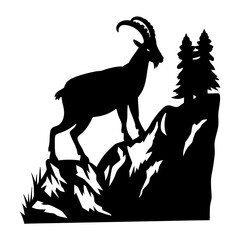 Majestic Mountain Goat Silhouette on Rocky Peak with Pine Trees