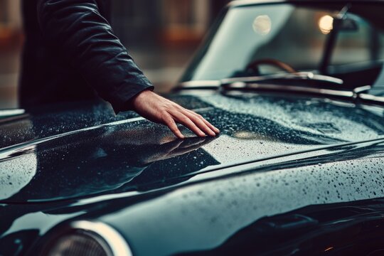 A hand gently rests on the gleaming wet surface of a vintage car, highlighting appreciation for classic automobiles.