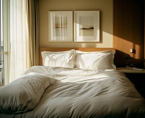 A modern hotel room with a king-size bed and contemporary furniture in a luxurious design apartment