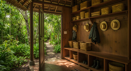 Tropical Villa Mudroom Entrance With Woven Baskets And Trailhead View