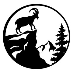 Majestic Mountain Goat on a Rocky Clifftop with Pine Trees and Mountain Peaks