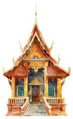 PNG Thai temple architecture watercolor building.