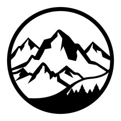 Majestic Mountain Range in a Circular Emblem Design Featuring a Forest and Peaks