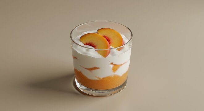 Peach parfait with yogurt and fresh peach slices in glass on beige background
