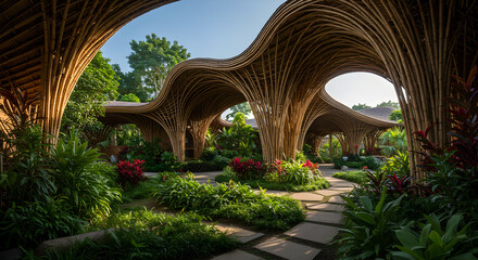 Fototapeta premium Undulating Bamboo Pavilion in Tropical Garden Architecture Exterior Design