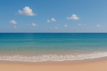 Obraz premium Serene ocean waves lapping golden shoreline under bright summer sky with wispy clouds