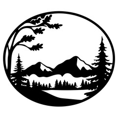 Scenic Mountain Landscape in a Circular Frame Artistic Black and White Silhouette Illustration