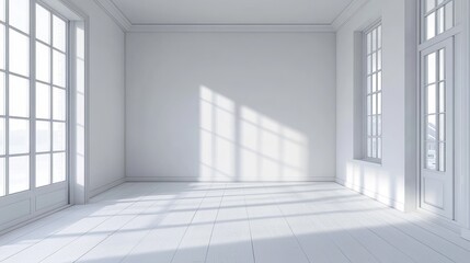 Fototapeta premium A modern Scandinavian-style living room with minimalist decor, featuring a clean, white interior that embodies the essence of Nordic design