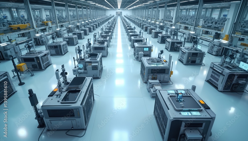 Poster edge computing devices integrated industrial iot sensors at factory floor. modern tech, robotics, au