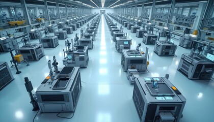 Edge computing devices integrated industrial IoT sensors at factory floor. Modern tech, robotics, automation, data processing. Smart manufacturing, digital transformation, industry 4. 0. AI.