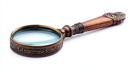 Classic vintage-style magnifying glass lens, isolated on a white background. High-resolution image