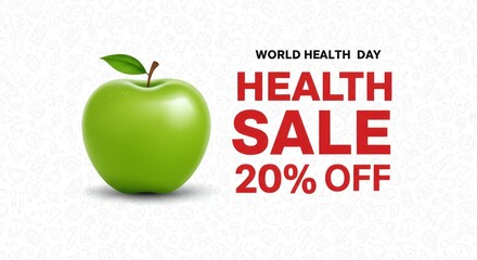 Green apple on white background promoting world health day sale with 20% discount