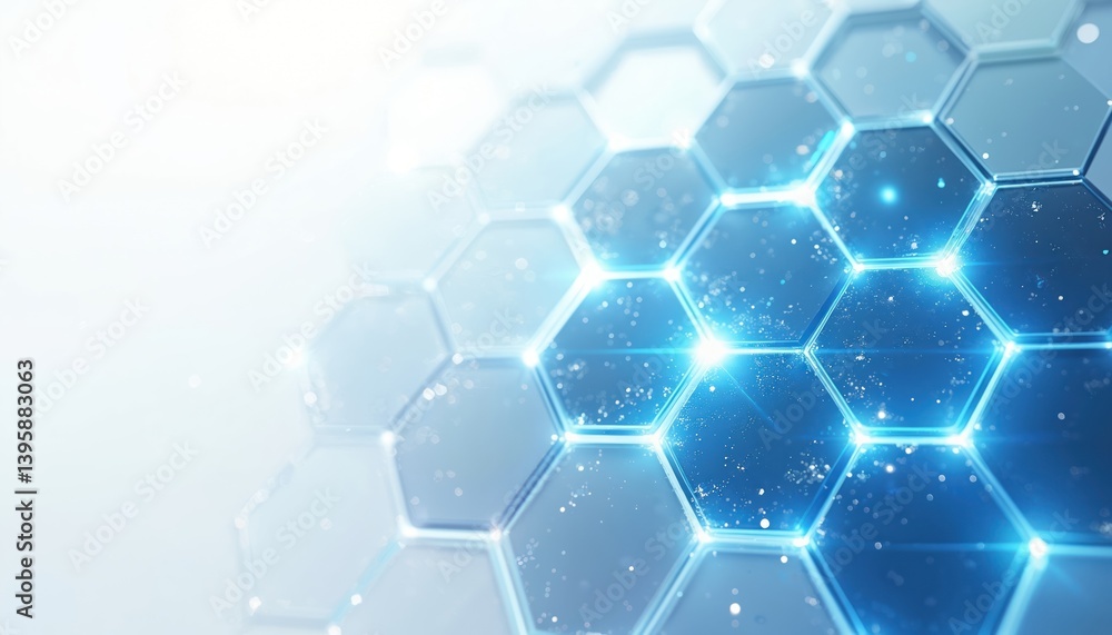 Poster futuristic 3d illustration of abstract hexagonal tech background. blue bright energy flashes under h