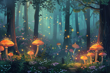 A dense, mystical forest with glowing mushrooms, fairy lights, and ancient trees, creating a whimsical and otherworldly atmosphere.