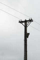 A tall power pole is prominently featured against a cloudy sky. Birds are resting on the wires...
