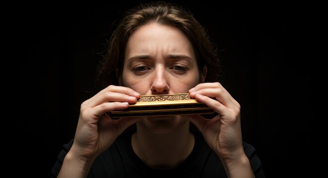 Woman holding harmonica up to mouth with dark background behind her
