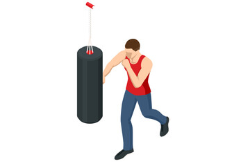 Isometric vector illustration of an athletic man punching a boxing bag. Boxing training, martial arts, fitness exercise, strength workout concept. Athletic lifestyle, sports equipment.