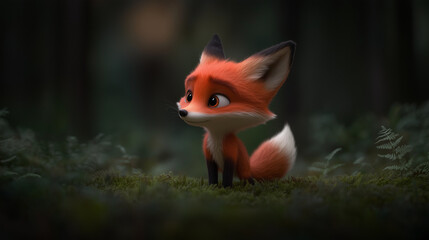 Fototapeta premium Cute cartoon fox looking curious in dark forest background