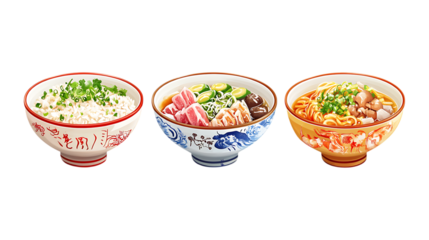 Pack Rice Bowl Set in Different Poses Against Transparent Background for Asian Cuisine, Food Branding, or Culinary Design